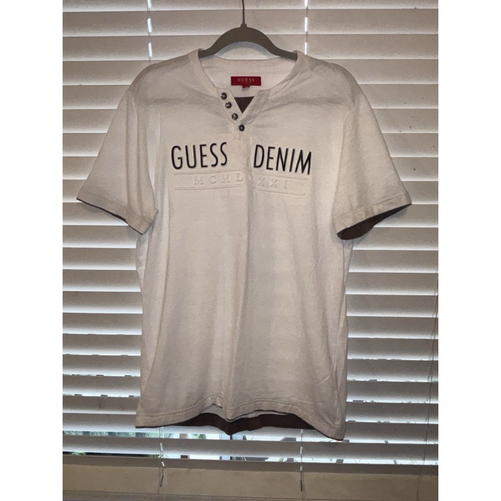 GUESS‎ Henley Shirt Men Lg White  GUESS DENIM Y2k Spellout